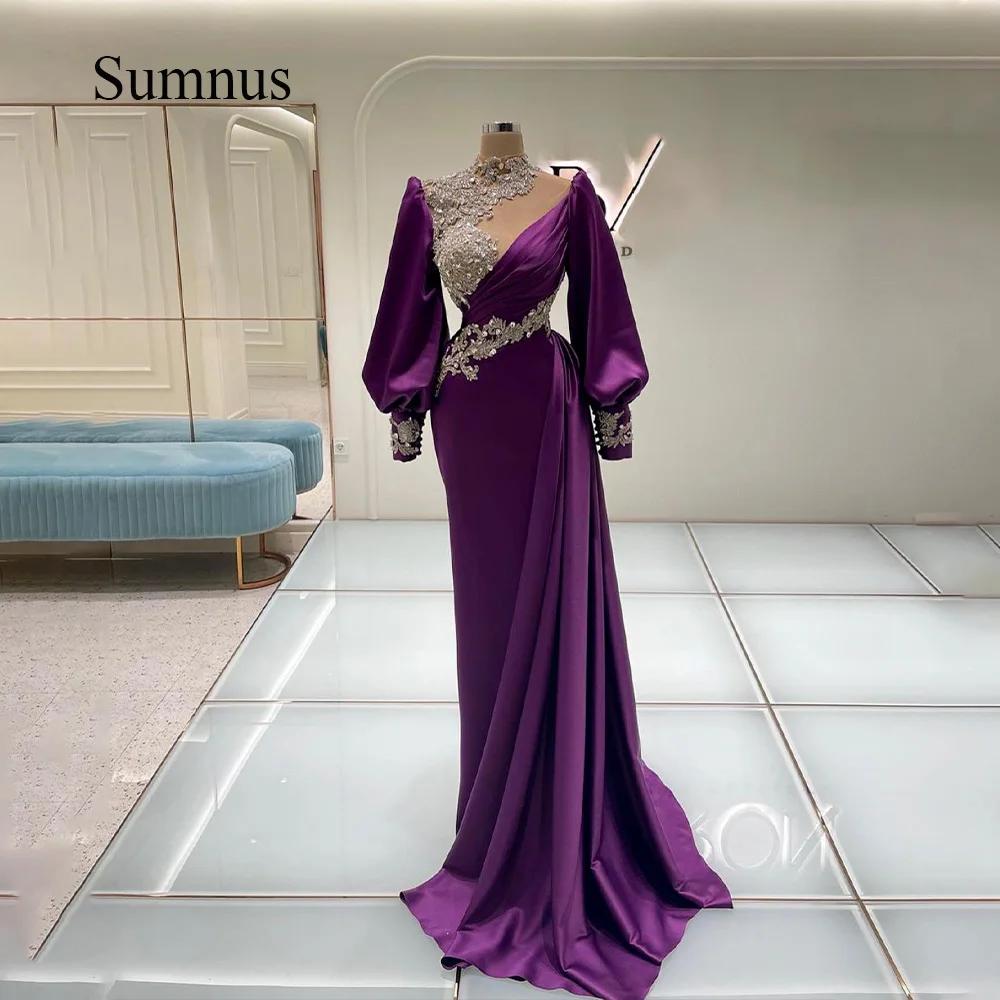 

Sumnus Purple Satin Mermaid Evening Gowns Appliques Long Sleeve Arabic Formal Gowns High Neck Dubai Evening Dresses With Train