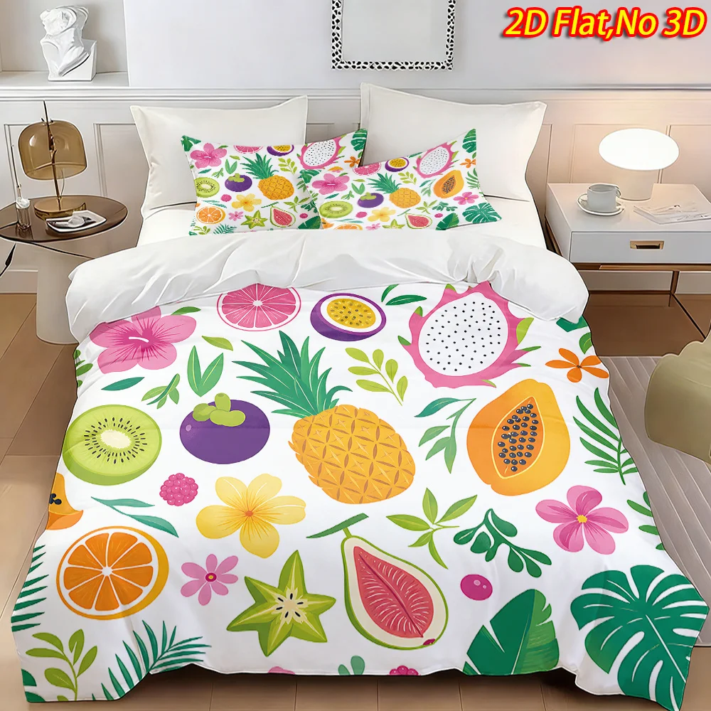 Kawaii Fruit Duvet Cover Twin Queen Summer Watermelon Bedding Set, Sweet Fruit Print Comforter Cover Cartoon Style Quilt Cover
