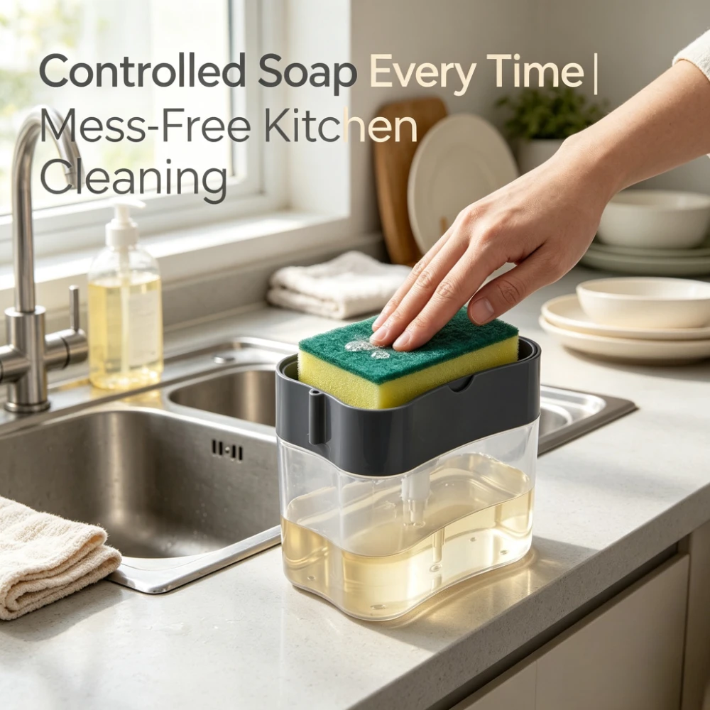 Press-Activated Soap Dispensing Sponge Holder | Kitchen Sink Scouring Pad Organizer with Controlled Liquid Release — Mess-Free Countertop Cleaning Station