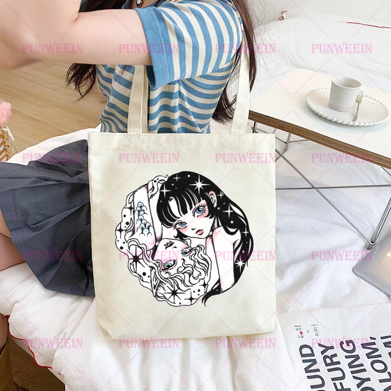 Aesthetic kawaii Cartoon Fun Print Canvas Bag Japan Streetwear Harajuku Handbag Y2K Shopping Bag Vintage Sweet girl Shoulder Bag