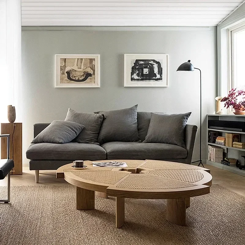 Log rattan coffee table household small apartment round solid wood gear special-shaped tea table low table wabi sandy wind