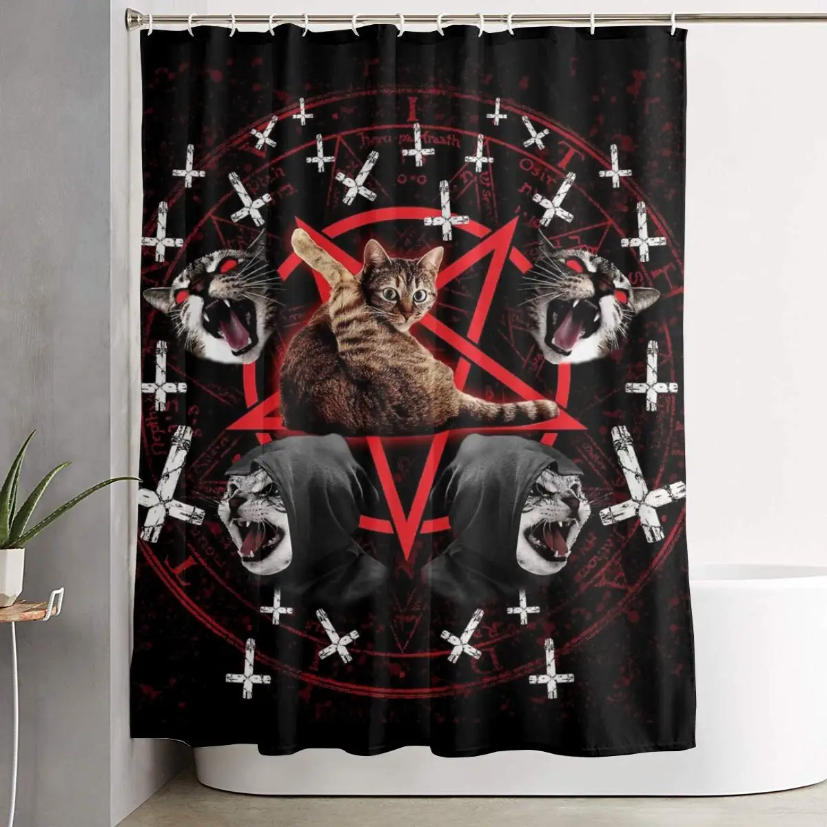 Satanic Cat Pentagram Death Black Metal Durable Bathroom Curtains Waterproof Polyester Fabric Shower Curtains with 12 Hooks