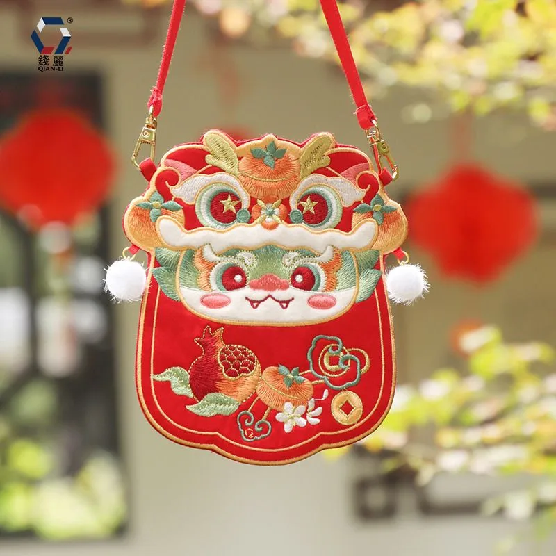 New Year Hanfu Crossbody Bag Embroidered Dragon Year Red Envelope Square Flip Cover Fashionable Chinese Traditional Style Bag