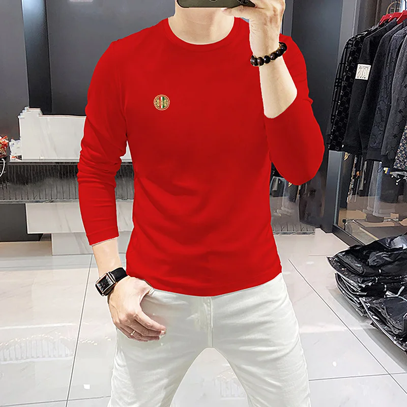 Men Long Sleeve Crew Neck T Shirt Rhinestone Bee Pattern Slim Fit Undershirt Luxury Trendy Casual Comfortable Male Fashion Top D