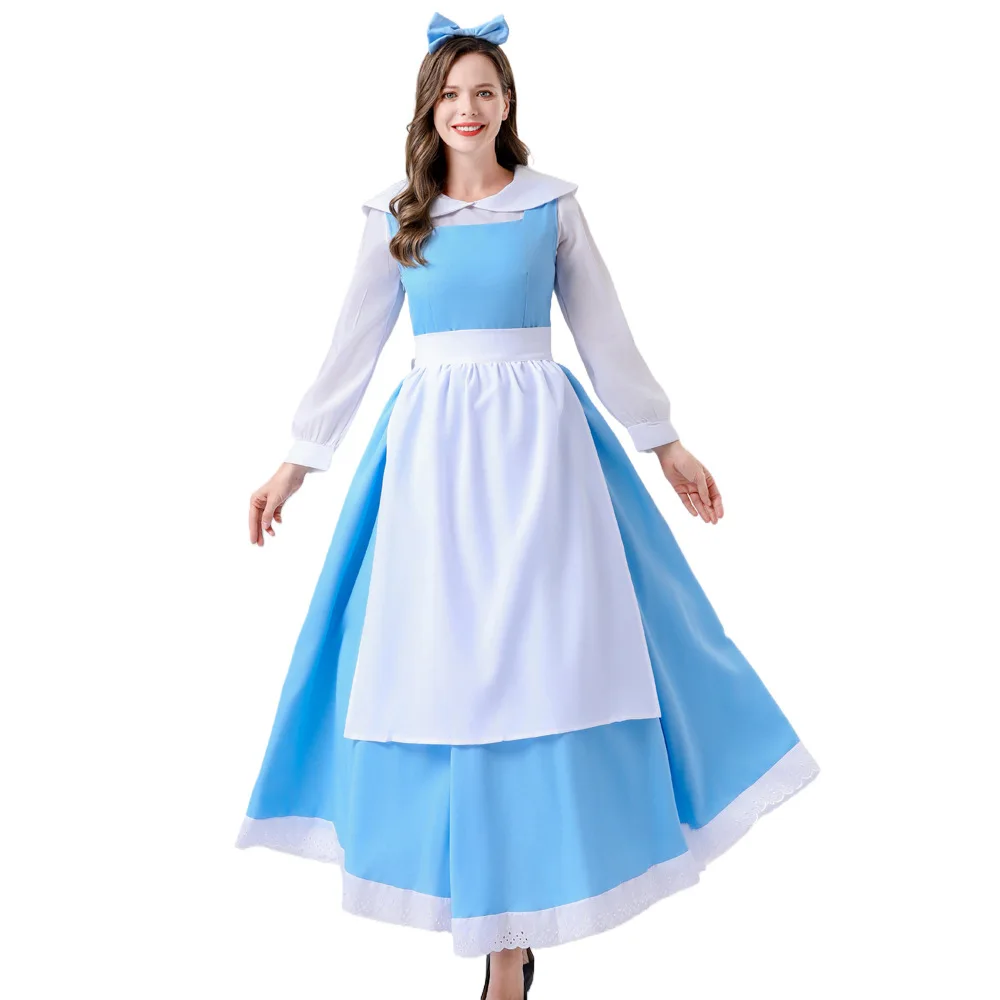 Fsia de Maid Azul Cosplay Princesa Belle Vestido Longo Fsia de loween Roupa Tradicional Chinesa para Mulheres