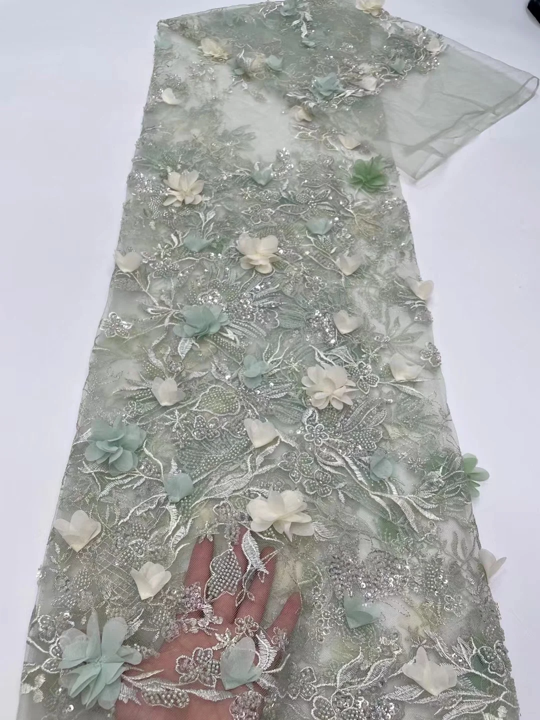 African 3D Flower Beaded Fabric, Sequins Embroidery, French Tulle, Mesh Lace Fabric for Wedding, Luxury Fashion, 5 Yards