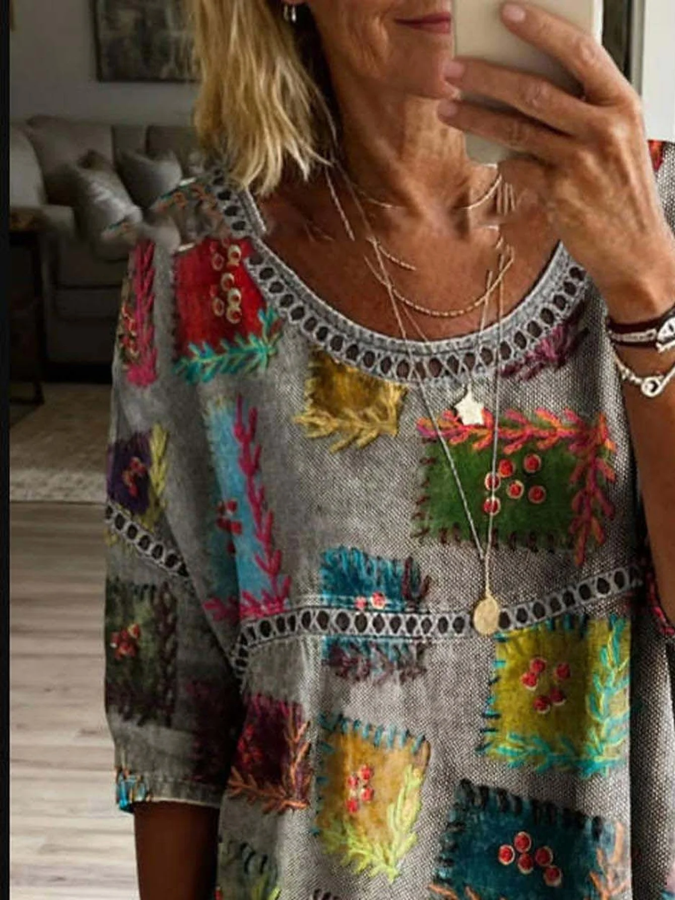 Women Plus Size Blouse 3D Patchwork Print Loose Fit Long Sleeve Casual Boho Tunic Top view 2