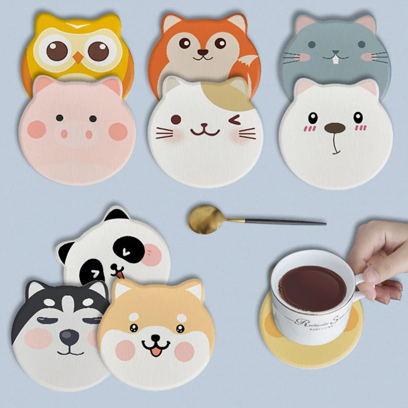 Cute Animal Coaster Diatomite Circular Water Cup Mat Heat-insulating Anti Slip Kitchen Water Absorbing Mat Outdoor Tableware