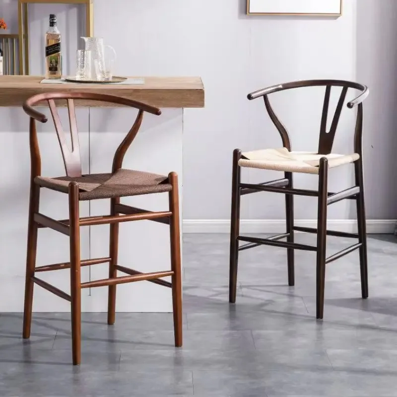 

Modern Spacious Comfortable Monoblock Wooden High Back Rope Woven Kitchen Counter Height High Bar Stool Chairs Barstool