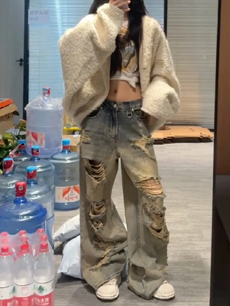 Retro American Apocalyptic Style Hole Denim Jeans Loose Wide Leg Long Pants for Men And Women Spring Summer Design Sense