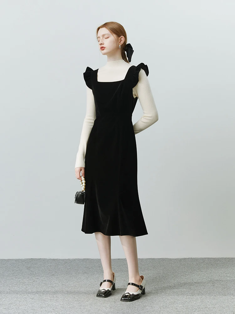 FSLE French Hepburn Style Velvet Suspender Dress Women Winter Fungus Edge Waist Fishtail Long Skirt Elegant Female Slim Dress