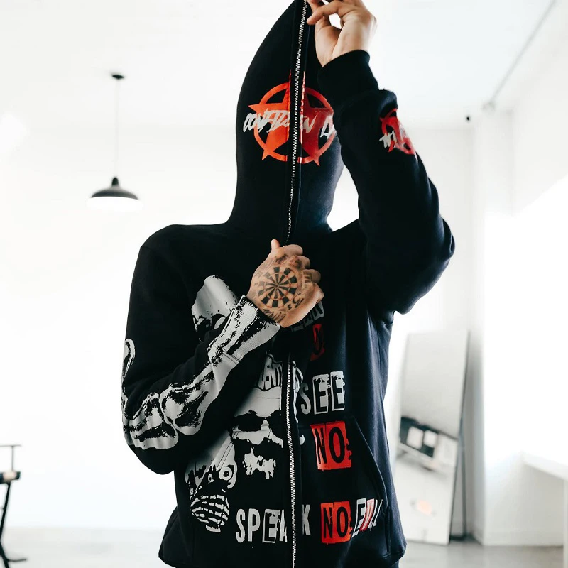 Men's Skull Letter Graphic Gothic Print Streetwear Oversized Hoodie Y2k Clothes Grunge Zip Hoodie Hip hop Long Sleeve hoodie new