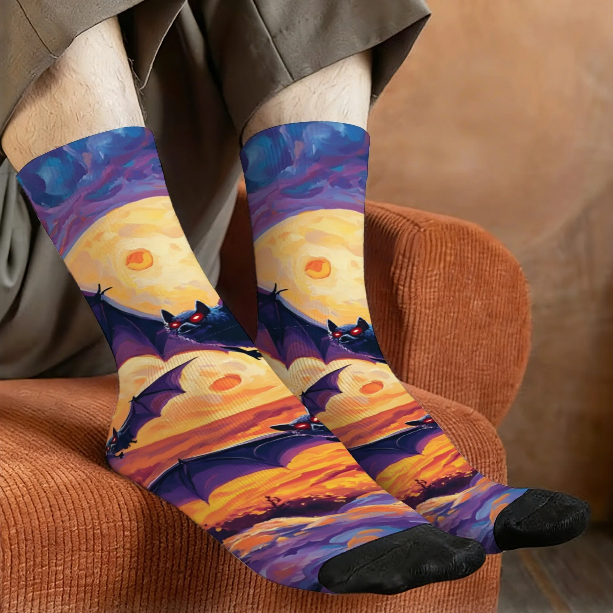A pair of fantastical sunset gothic bat-themed men's socks, novel and mysterious style casual socks, perfect as a party gift.