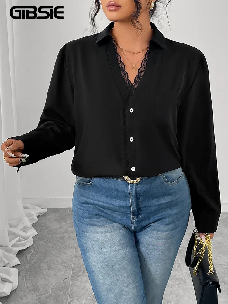 

GIBSIE плюс размер черные контрастные кружевные рубашки с v-образным вырезом женские осенние модные свободные офисные женские блузки с длинным рукавом на пуговицах топ