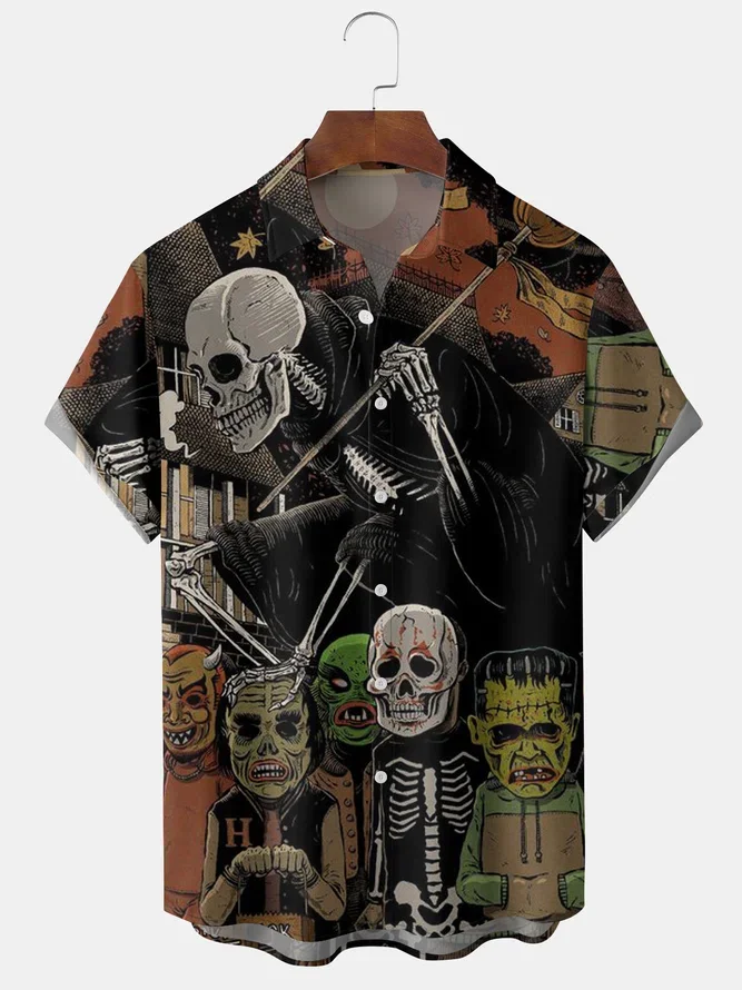 

New Men's Halloween Skull Print Shirts Grim Reaper Tops Casual Hawaii Style Summer Button Up Shirts