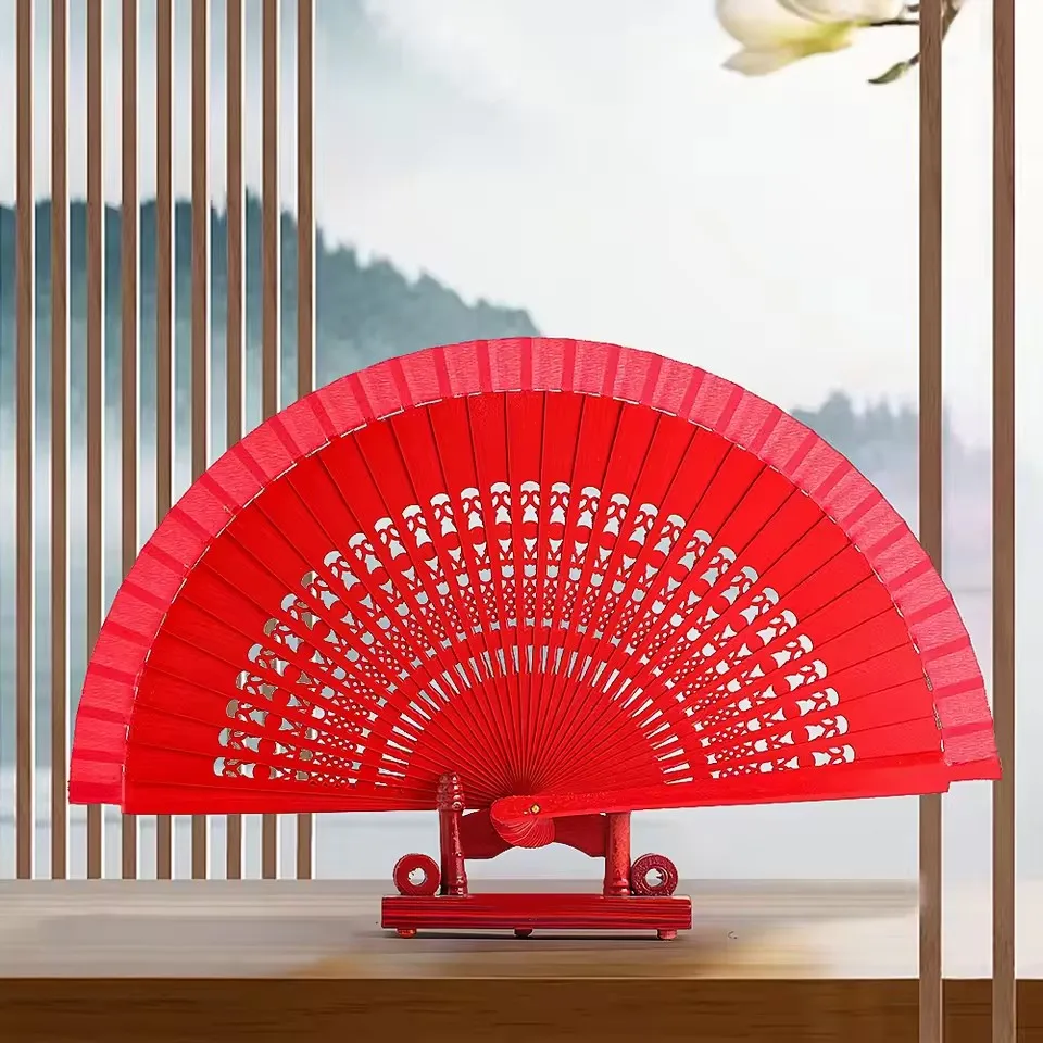 Spanish Red Fan Hollow Wood Hand Held Folding Fan Cheongsam Catwalk Dance Performance Prop Accessories Wedding Celebration Decor