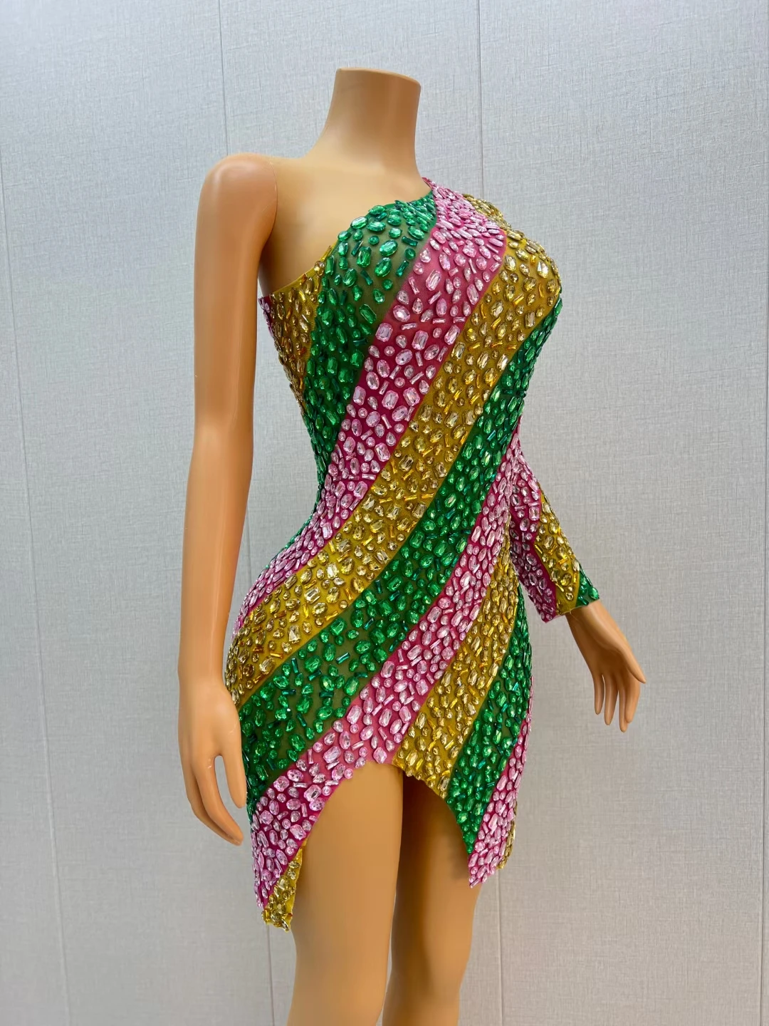 Women Colorful Rhinestone Dress Birthday Celebrate Evening Party Skinny Stretch Short Dress Singer Bar Stage Costume Chuncai