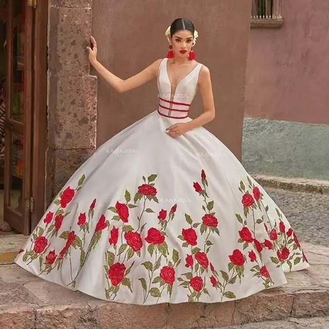 Vestidos De quinceañera mexicanos blancos y negros elegantes, Vestidos bordados sin mangas con cuello en V profundo, Vestidos De 15 años, cumpleaños