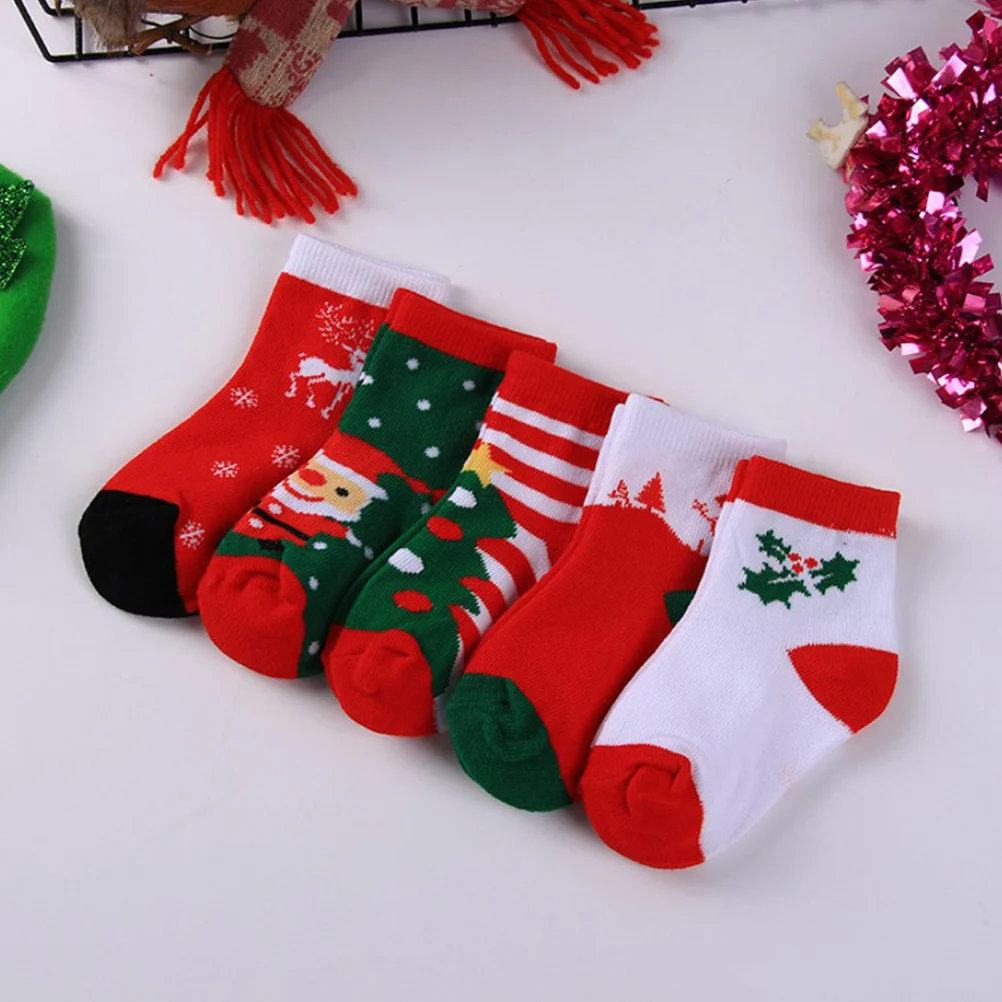

5 Pairs Cotton Kids Socks Christmas Cartoon Pattern Soft Stretchable Children Holiday Gift 7-13 Years Mixed Colors