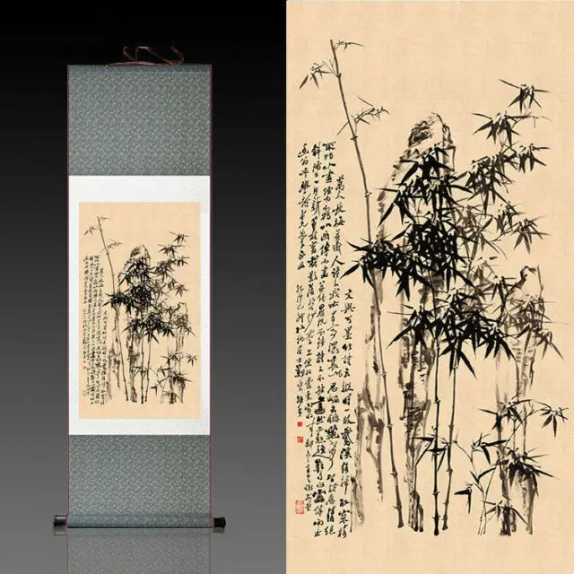 

Chinese Silk Scroll Painting by Zheng Ban Qiao bamboo Home Decoration