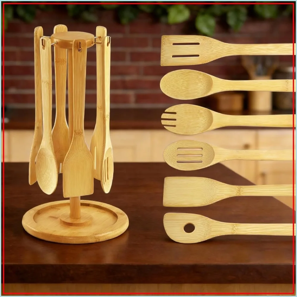 7 Piece Bamboo Kitchen Utensils Set with Holder for Cooking and Serving