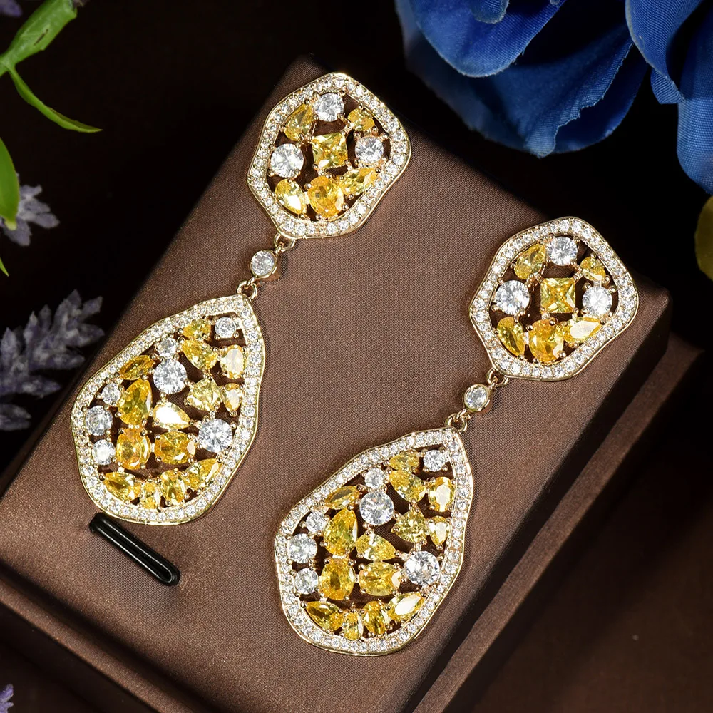 

HIBRIDE Irregular Yellow Color Long Drop Dangle Earrings Cubic Zirconia Crystal Brincos For Women Party Accessories E-594