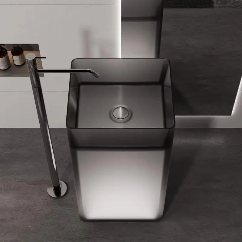 Modern Transparent 100% Resin Hand Wash Basin Floor-standing with Polished Square Design for Hotels with Drainer Accessory