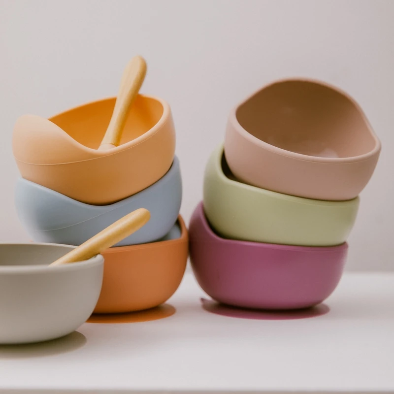 Baby Food Grade Silicone Tableware Children Feeding Bowl BPA Free Solid Color Waterproof Non-Slip Kids Dinnerware Accessories