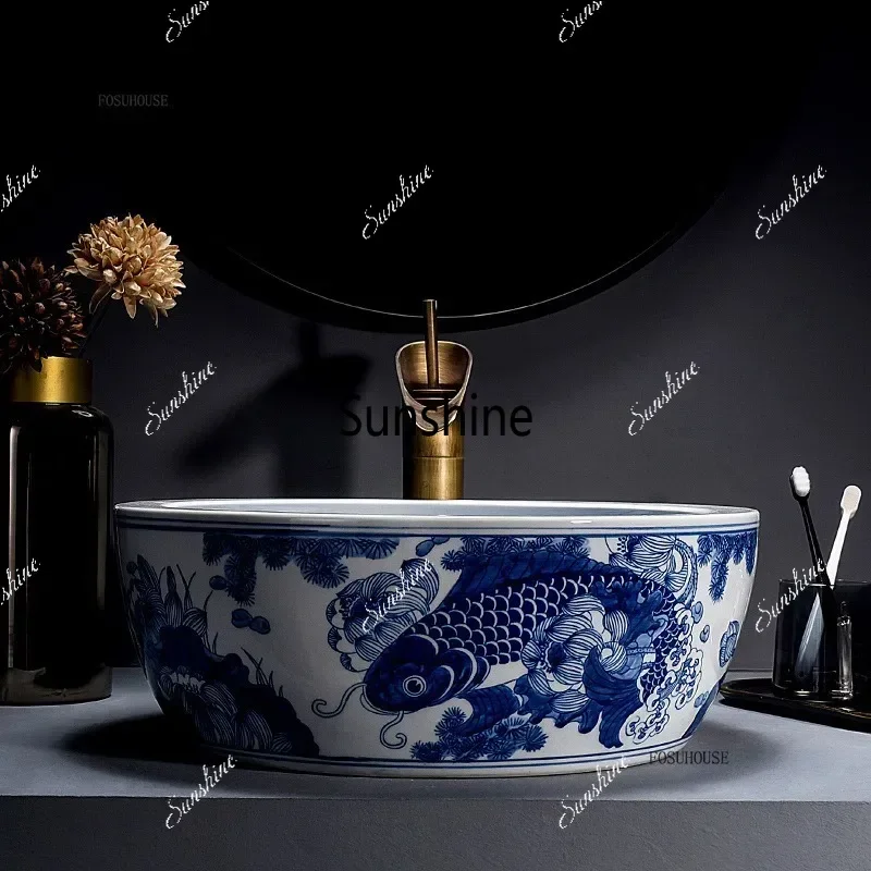 

Blue and White High Temperature Ceramic Washbasin Bathroom Sinks on Countertop Basin Home Balcony Washbasin Bathroom Fixture j