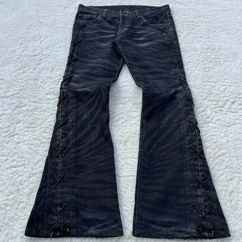 Deeptown Black Leopard Print Women Flared Jeans Y2k Lace Up Aesthetic Vintage Gothic Denim Trousers American Retro Jeans Goth
