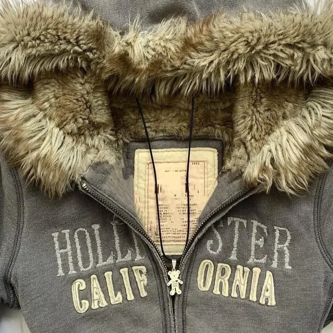 Y2K الأمريكية خمر خمر الفراء طوق مقنعين سترة المرأة الشتاء شارع العليا زائد المخملية مبطن سترة معطف غير رسمي سترة #3