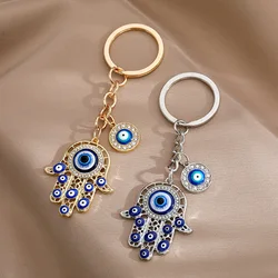 Ethnic Style Lucky Blue Evil Eye Keychain Charm Crystal Fatima Hasma Hand Key Ring Holder Key Bag Charms For Women Men