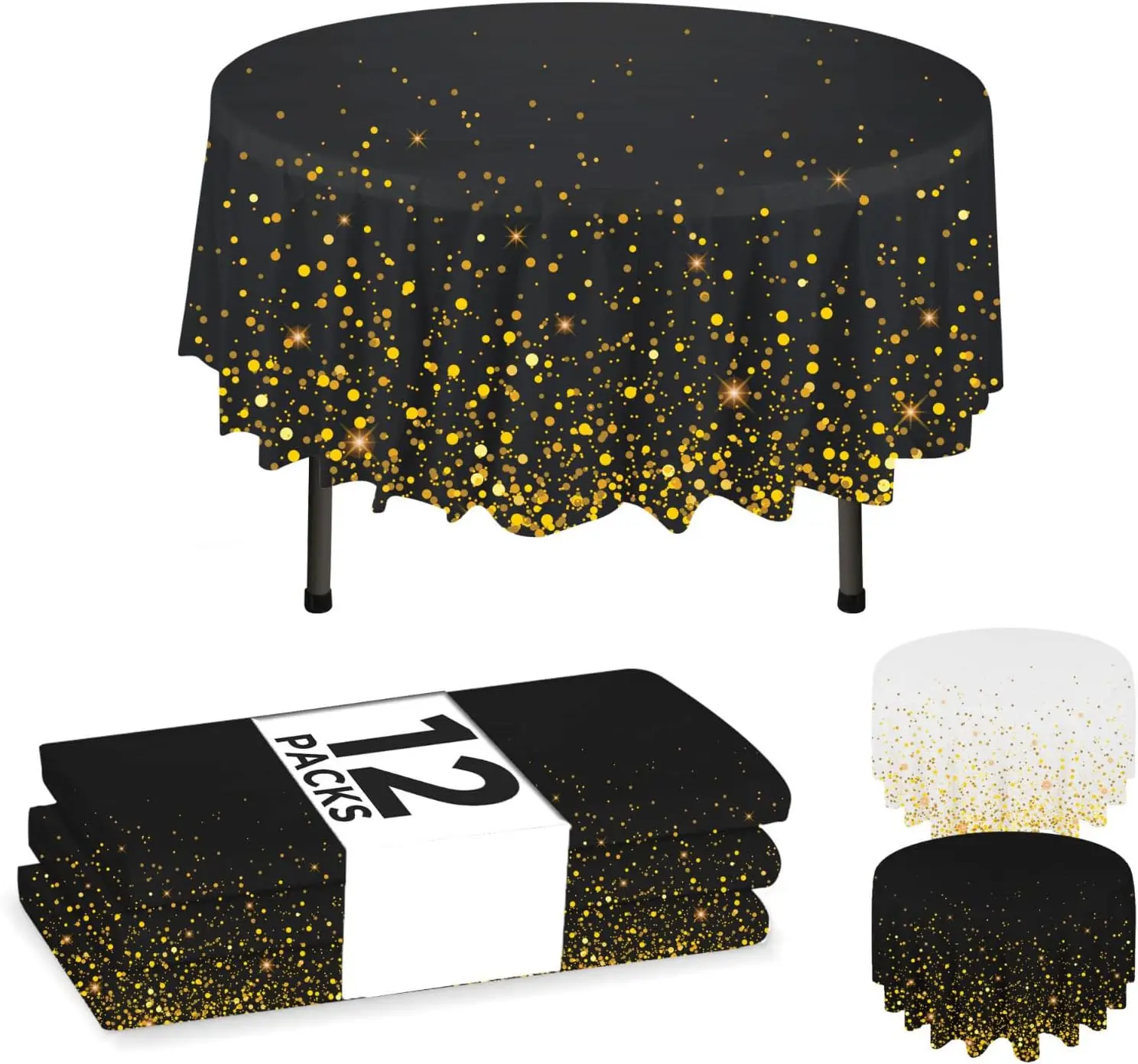 

12-Pack Black Disposable Tablecloths, 84" Round Table Cover, Plastic Table Cloth With Gold CONFETY