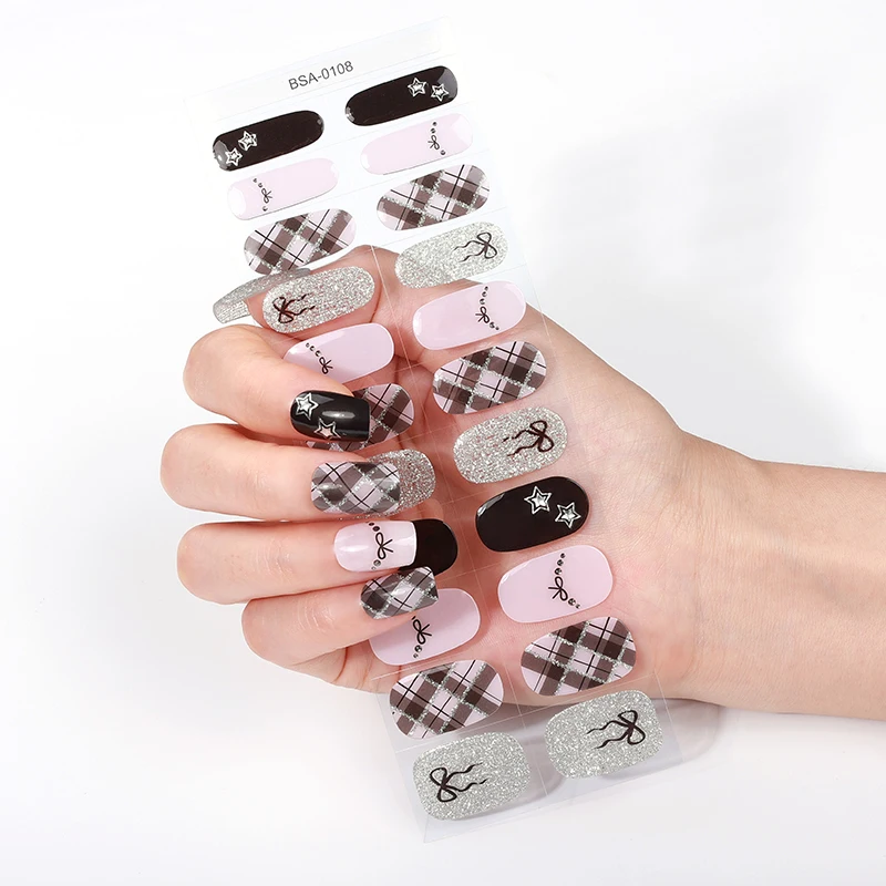 Bandes pour ongles en Gel à paillettes, 22 pointes, couverture complète sans cuisson, Plaid, nœud papillon, étoile, autocollants pour ongles, décoration de manucure à faire soi-même, Y2K