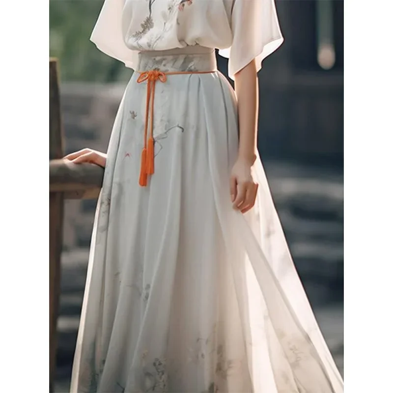 Song Dynasty Modern White Stand Collar Printed Short sleeved Hanfu Dresses 2pcs Women 2023 Summer Elegant Loose Zen Tea Dress