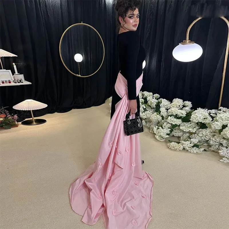 Fashion One Shoulder Black Evening Prom Dress Pink Tail Appliques Satin Celebrity Dress Pleat Overskirt Birthday Party Gown