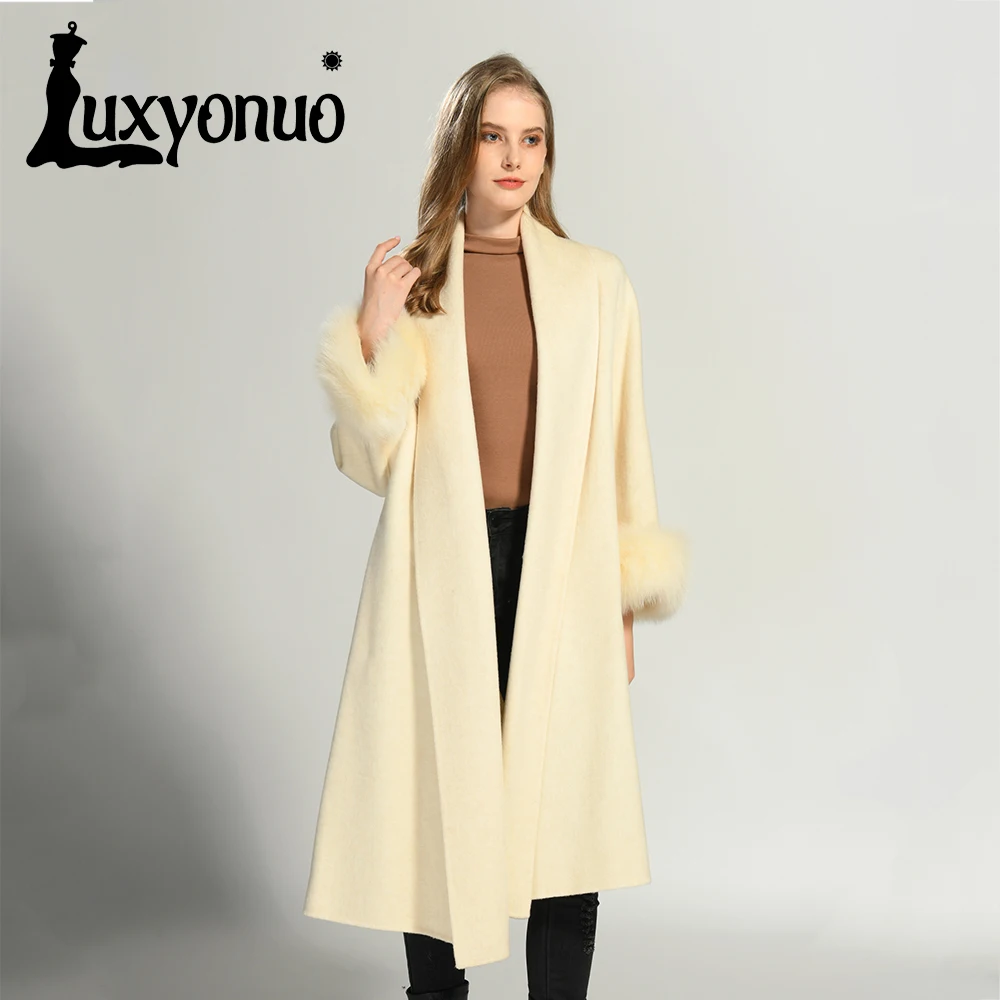 

Luxyonuo Wool Coat For Women Luxury Real Fox Fur Cuffs Long Coats 2025 Autumn Winter Fashion New In Outerwear Wool Blend Coat