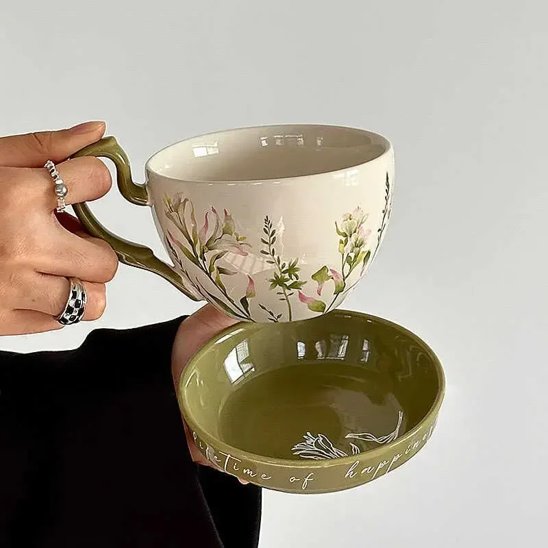 Große Kapazität Keramik Frühstückstasse mit Kurbelgriff Retro Bauernhaus Stil Kaffeetasse Deckel Set für Milchtee Geschenkidee