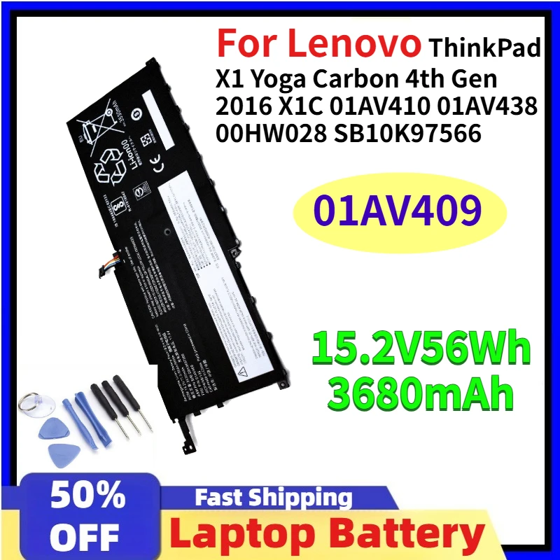Laptop Battery 01AV409 01AV439 56WH for Lenovo ThinkPad X1 Yoga Carbon 4th Gen 2016 X1C for 01AV410 01AV438 00HW028 SB10K97566