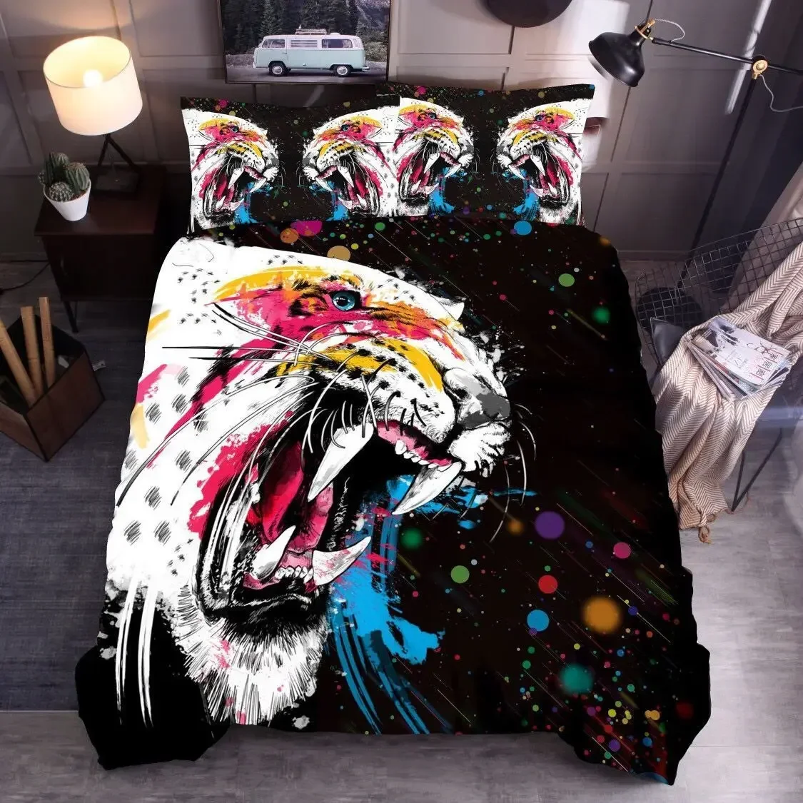 Animal Polyester Duvet Cover Set King Queen Twin Full Size Wild Animals Wolf Lion Fox Tiger 3D Print for Kids Boys Bedding Set