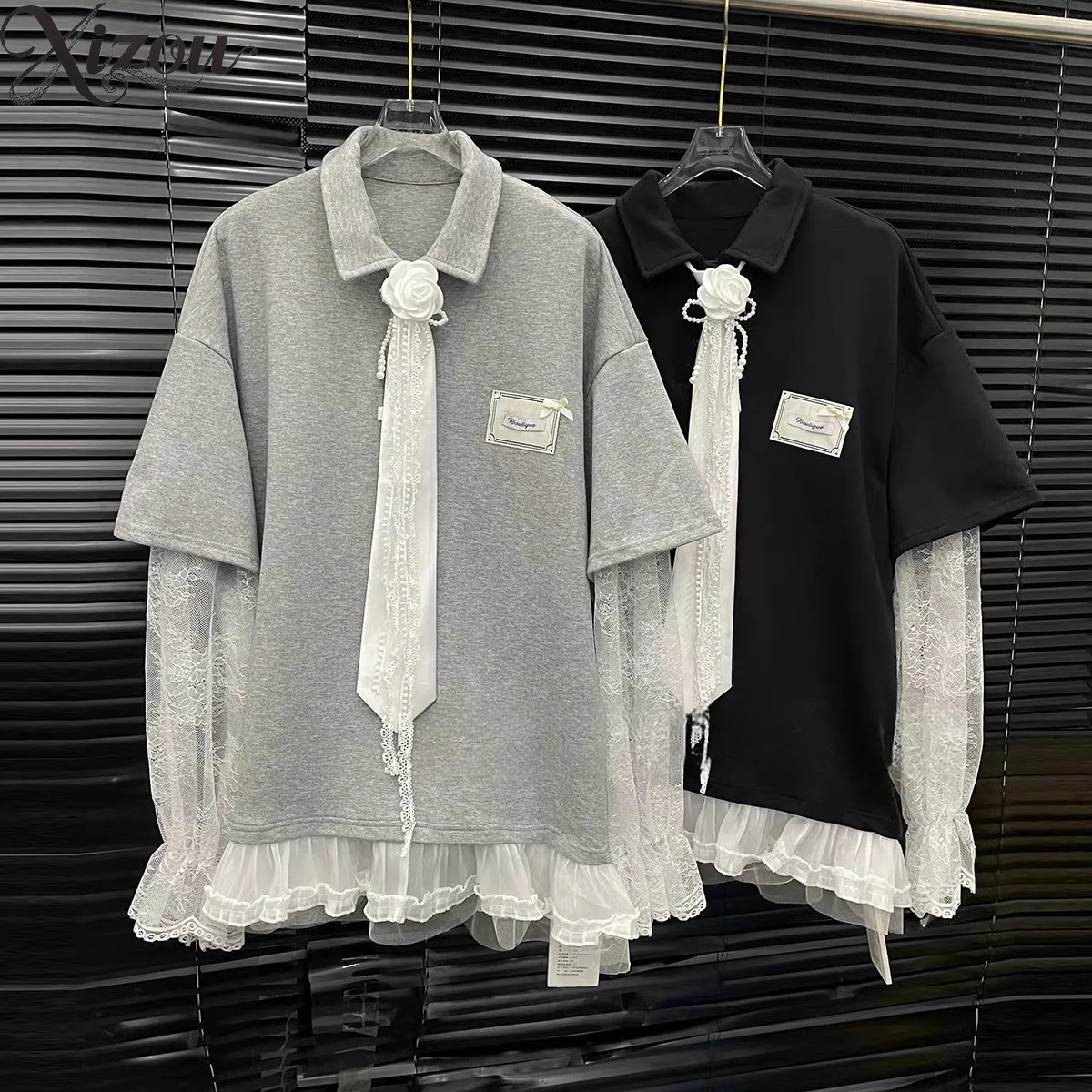 

2026 Spring Summer Hoodie Patchwork Lace Lapel Long Sleeve Fake Two Piece Tie Bow Bead Flower Loose Fit High Street Casual Women