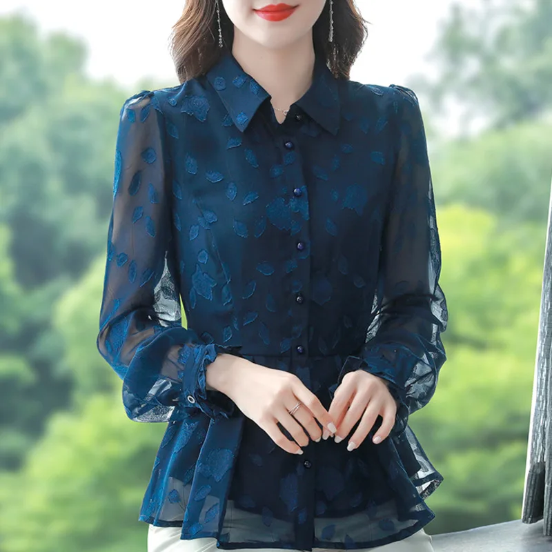 #2530 Black Blue Office Chiffon Shirt Women Long Sleeve Slim Vintage Thin Office Ladies Tops And Blouses Buttons High Waisted