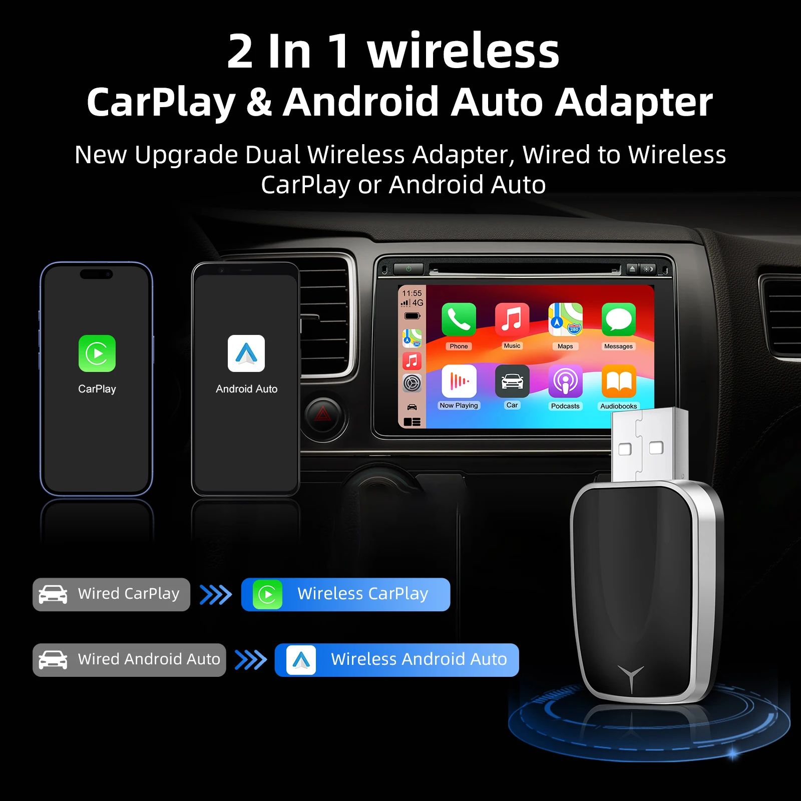 Mini adaptador inteligente 2 en 1 Carplay Android Auto con cable a inalámbrico AI Box, Compatible con 99% de coches, Plug and Play