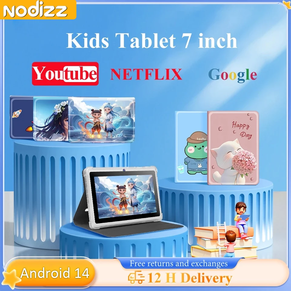

Nodizz New 7 Inch Kids Tablet Android 14 WIFI Quad Core Processor 3GB RAM 32GB ROM YouTube with Case parental control