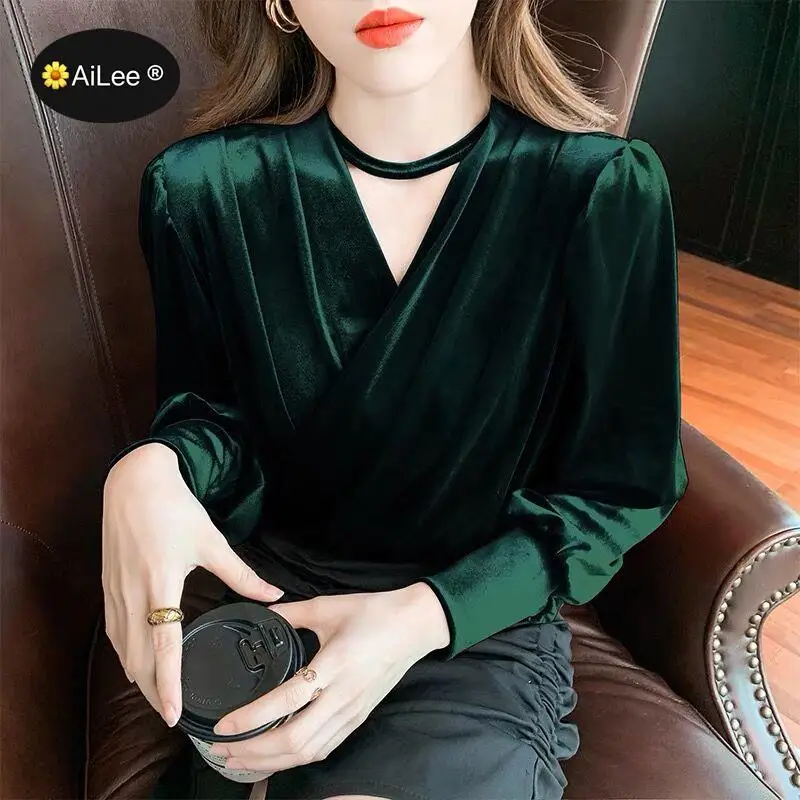 Women Winter Golden Velvet Warm Tops Pullovers Blouse V Neck Wine Red Long Sleeve Korean Fashion Blouse Shirts For Office Work