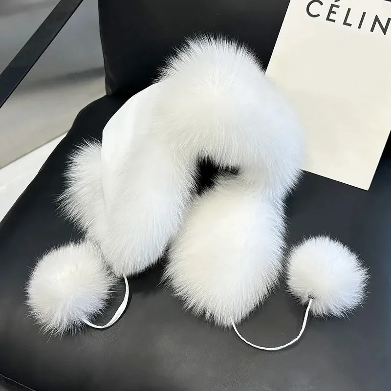 

Women'S Imitation Fox Fur Hat Women'S Russian Aviator Trapper Snow Skiing Hats Earflap Caps Winter Fur Bomber Cap