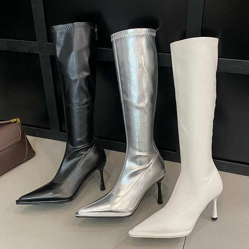 Calzature da donna in argento stivali alti al ginocchio da donna moderni scarpe con cerniera stivali elasticizzati da donna elastici di moda con