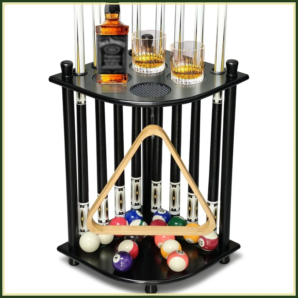 

Pool Stick Holder Floor Stand, Cue Rack up to 8 Sticks, Solid Wood Billiards Stand for Game Room, Club (Black)