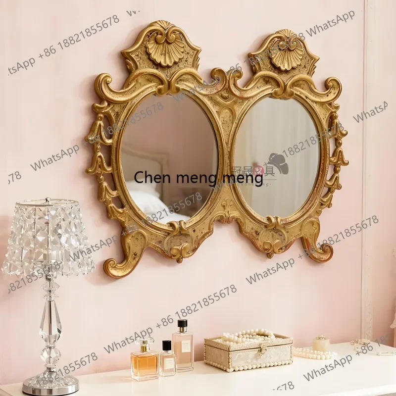 European retro wall-mounted makeup mirror living room porch engraving creative double-sided mirror French