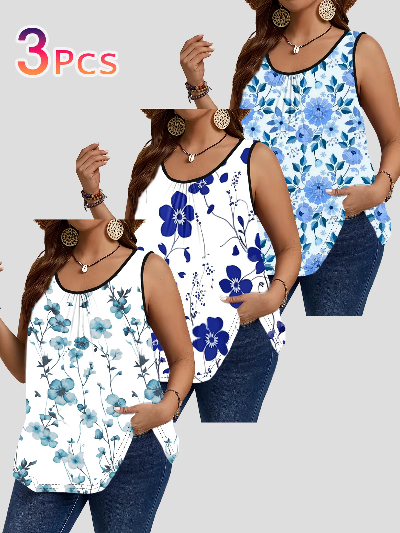 Conjunto de 3 piezas de chalecos sin mangas de talla grande con un estampado floral azul fresco, camisetas de verano de corte holgado y diseño informal que cubren el cuerpo.